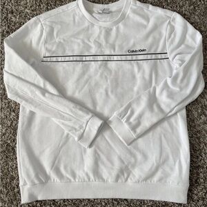 Calvin Klein Crewneck Sweater Men L White Pullover Two Black Stripes Long Sleeve